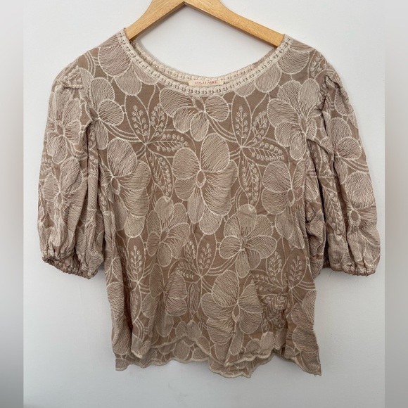 Solitaire Tops - Solitaire Women's White Beige Floral Embroidered Puffed Sleeve Blouse Size M
